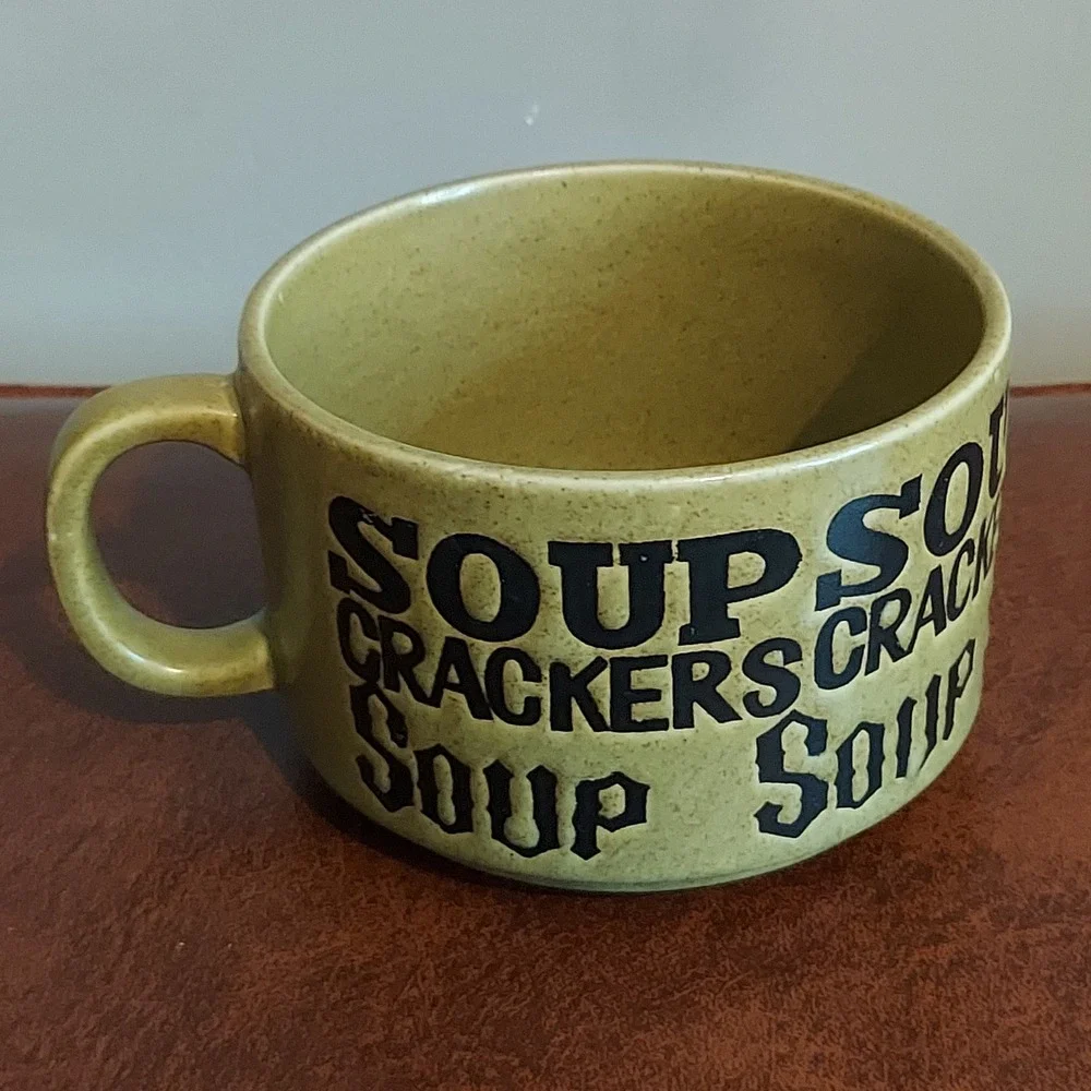 Vintage Speckled Olive Green Soup and Crackers Ceramic Mug Oversized Bowl 3x4.5